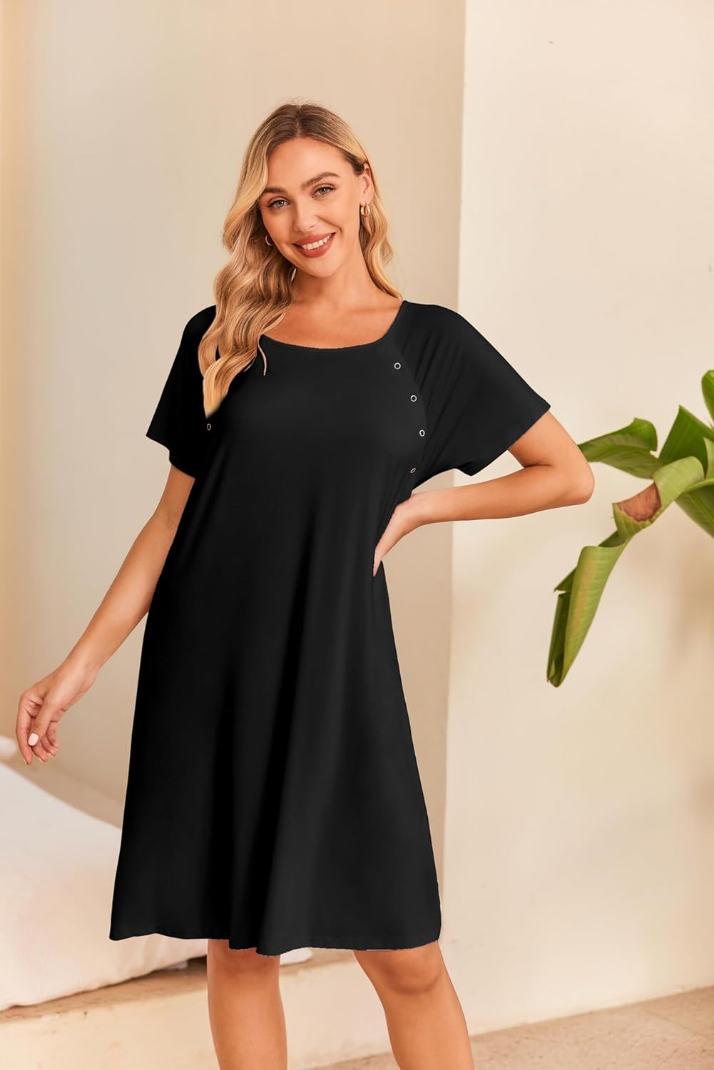 Ekouaer Women'S Nursing/Delivery/Labor/Hospital Nightdress Short Sleeve Maternity Nightgown with Button S-XXL image number 5