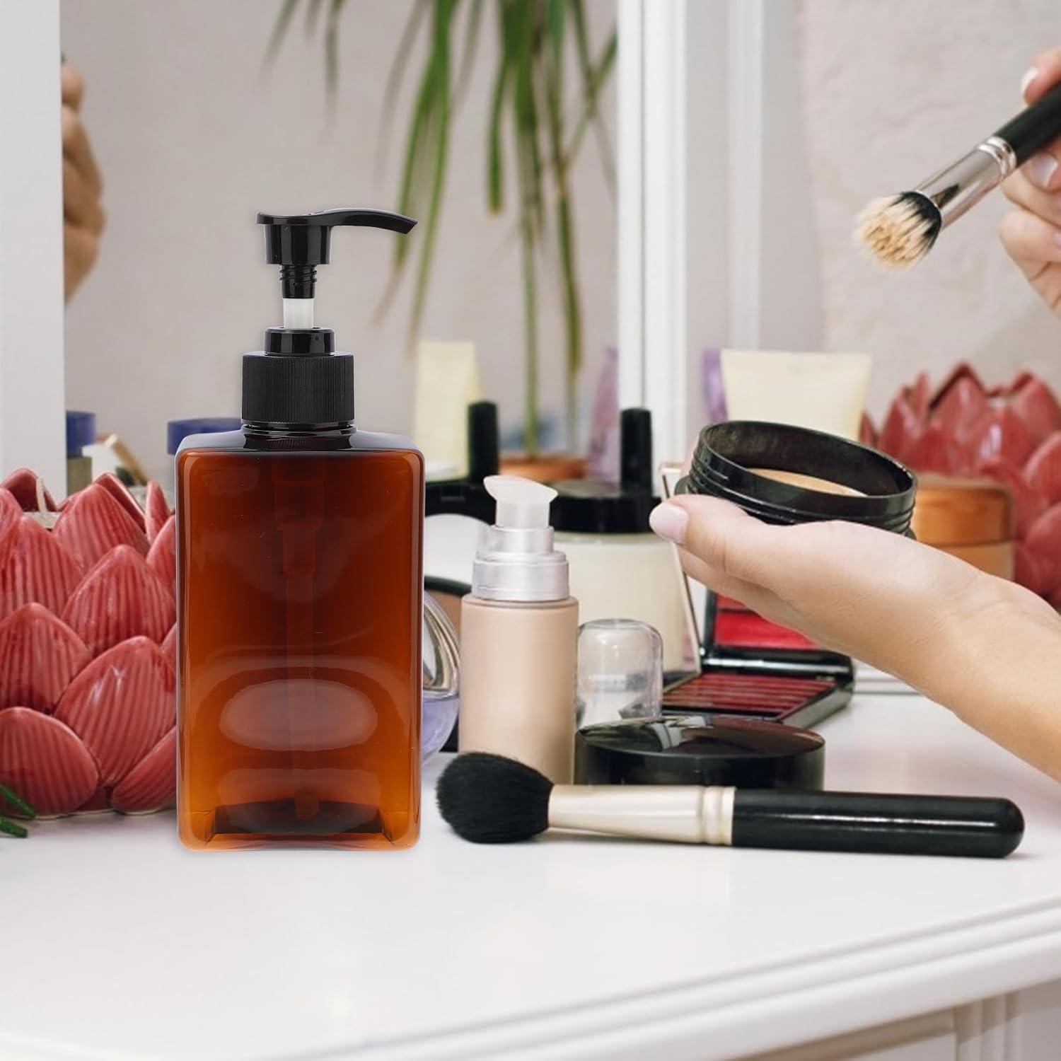 Minkissy 280Ml Pump Bottle Dispenser 2Pack Refillable Square Plastic Lotion Dispenser Empty Lotion Pump Bottle for Essential Oil Soap Lotion Shampoo, Bathroom/Kitchen/Travel Amber image number 5