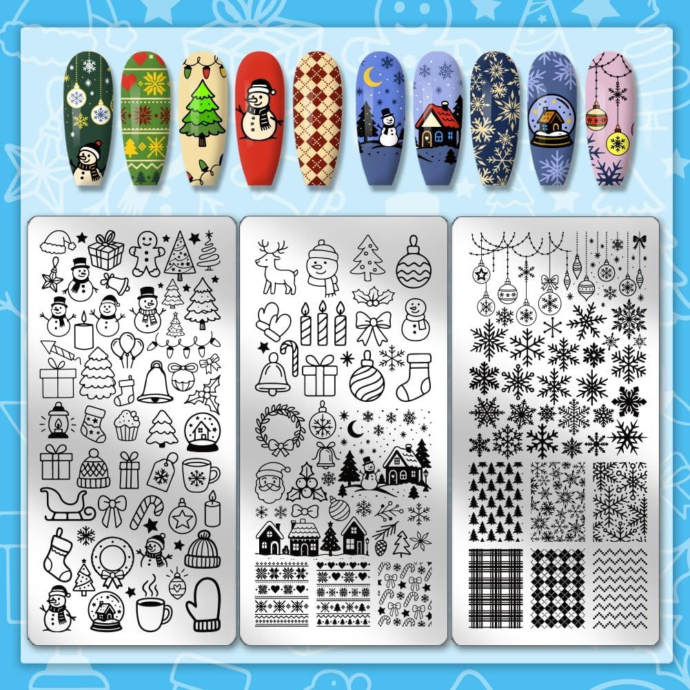 PH Pandahall 3Pcs Christmas Winter Nail Stamping Plate Kit, Snowman Christmas Art Templates Stainless Steel Nail Art Stencils with Stamper and Scraper for DIY Print Manicures Salon Design Decoation image number 1