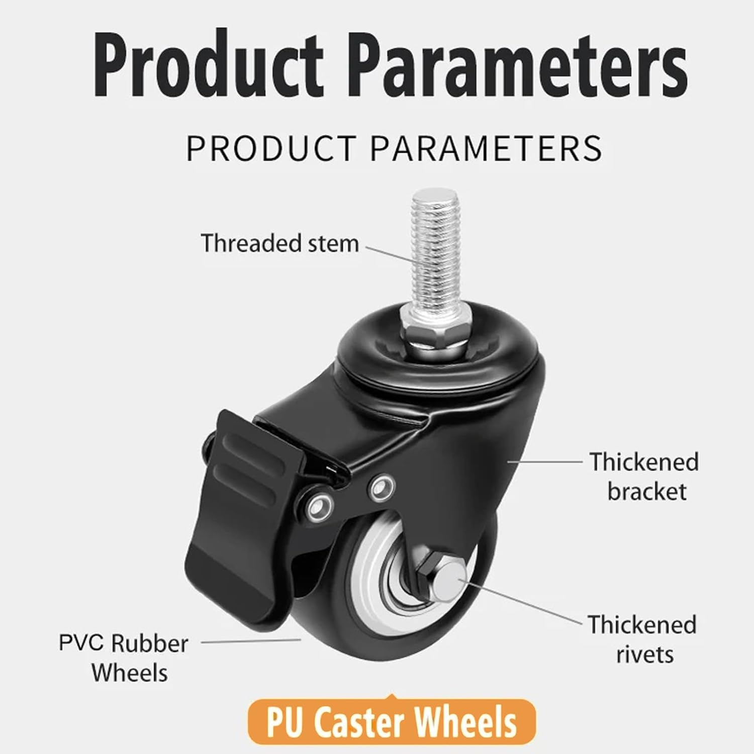 MYLEUS 4PCS 2" Heavy Duty Swivel Castor Wheels with Brake,With M8X25 Threaded Stem and Nuts,No Floor Marks, 600Lbs Capacity, for Furniture Workbench Trolley image number 3