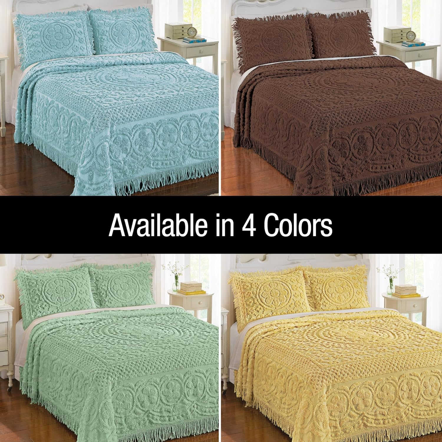 (Queen, Sage) - Calista Chenille Bedspread with Fringe Border, Sage, Queen, Cotton image number 6