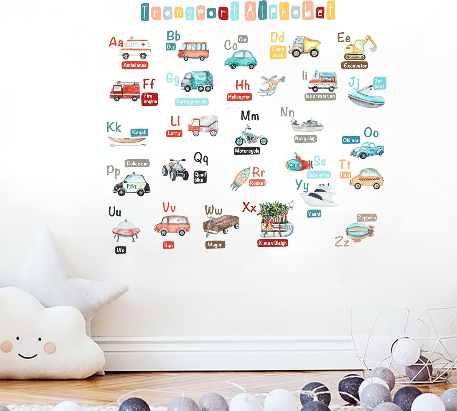 Transport Alphabet Wall Decals for Kids &ndash; a to Z Vehicles Theme Stickers &ndash; Removable Reusable Fabric Decals for Nursery, Playroom, Classroom &ndash; 6 Sheets, 121 Stickers image number 1