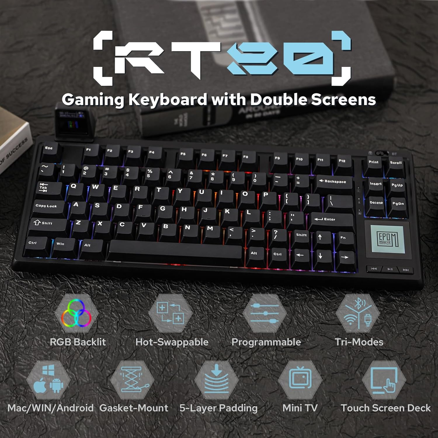 EPOMAKER RT80 Wireless Gaming Keyboard, Tri-Mode 75% Mechanical Keyboard, Hot-Swap Creamy Custom Keyboard, with Touch Screen and Mini Display, NKRO for Office Game (Black, Wisteria Linear Switch) image number 1