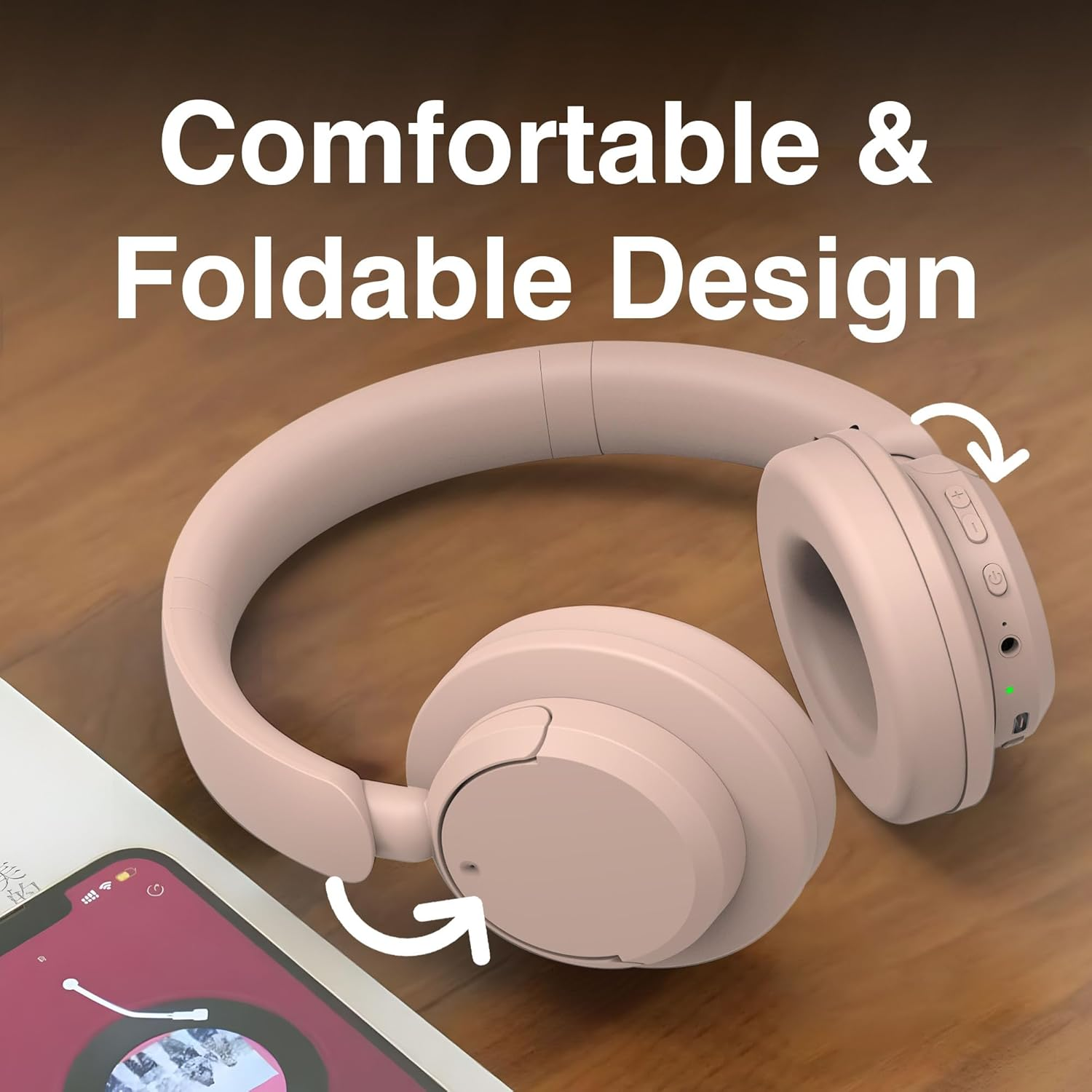 Laser Active Noise Cancelling Headphones, Bluetooth 5.3 Over-Ear Headset with Built-In Mic, 20H Battery, USB C Fast Charging, Foldable, Pink - Compatible with Phones, Laptops, and Tablets - Black image number 3