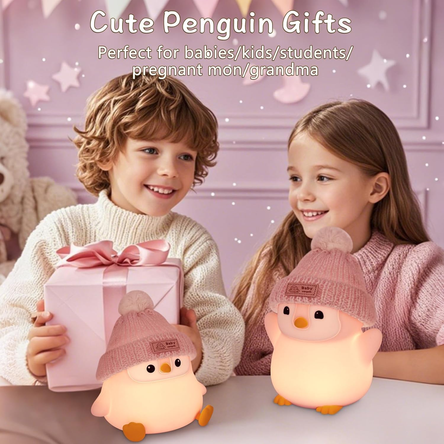 FAMIDUO Penguin Night Light, Cute Pink Penguin Lamp with Knit Hat, Soft Silicone Nursery Nightlight for Baby, Rechargeable/Dimmable/Timer,Led Squishy Novelty Animal Bedside Lamp,Funny Gifts for Kids image number 4