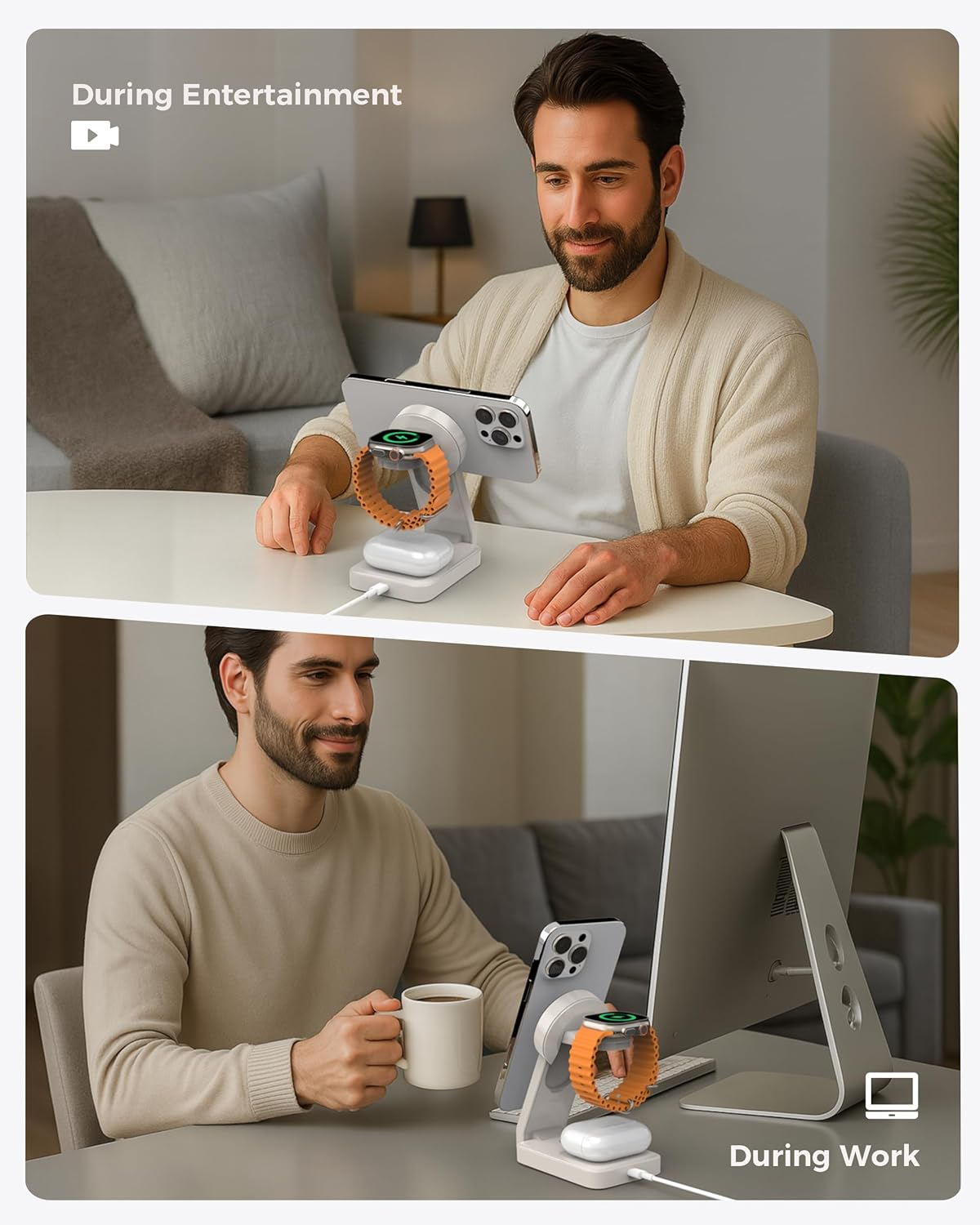 3 in 1 Foldable Mag-Safe Wireless Charger with Adapter &ndash; Magnetic Travel Charging Station for Iphone and Watch, Airpods &ndash; Fast Portable Charging Stand (Qi2 Beige & 30W Gan Adapter) image number 1