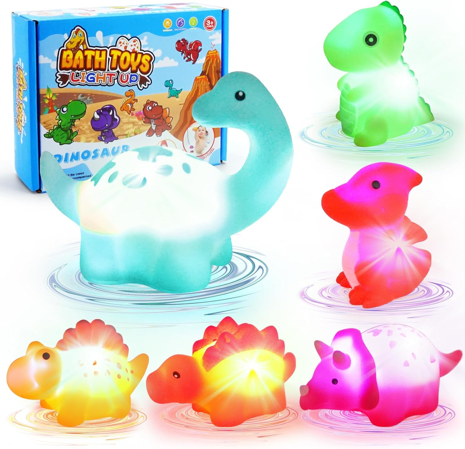 Bath Toys for Toddlers, 6 Packs Light-Up Floating Dinosaur Baby Toddler Bath Toys Set for Boys Kids Birthday Easter Christmas - Water Bathtub Shower Pool Bath Toy for Children Preschool image number 1