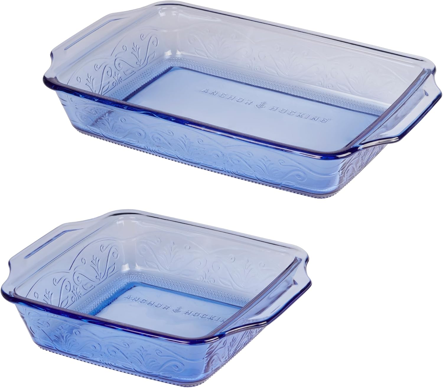 Anchor Hocking Laurel Embossed Bakeware 2-Piece Set &ndash; 3 Quart Baking Dish and 8 Inch Square Dish &ndash; Oven Safe, Microwave Safe, Dishwasher Safe Glass Bakeware, Coastal Blue image number 2