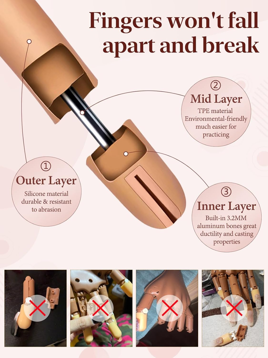 Adonafy Practice Hand for Acrylic Nails - Silicone Nail Practice Hand - Flexible Nail Hand Practice Model for Professional Beginners - Bendable Fake Hand for Salons Home DIY Nail Art image number 5