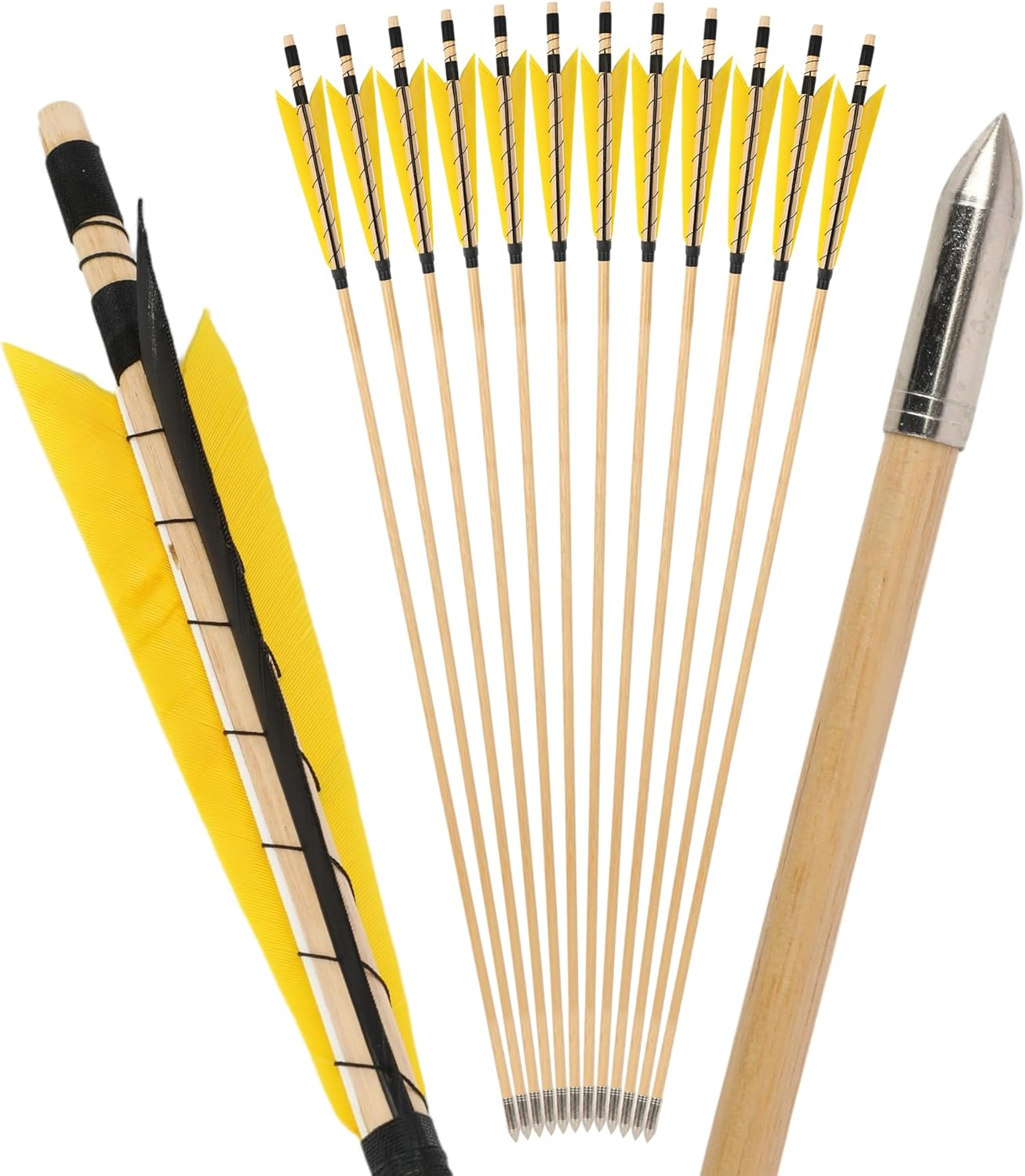 32 Inch Wooden Arrow English Longbow Arrow Target Pracrice Arrow Shaft with 5" Turkey Feather Fletching and Field Point for Recurve Bow Longbow Traditaonal Bow - 6Pcs, 2 Yellow 1 Black