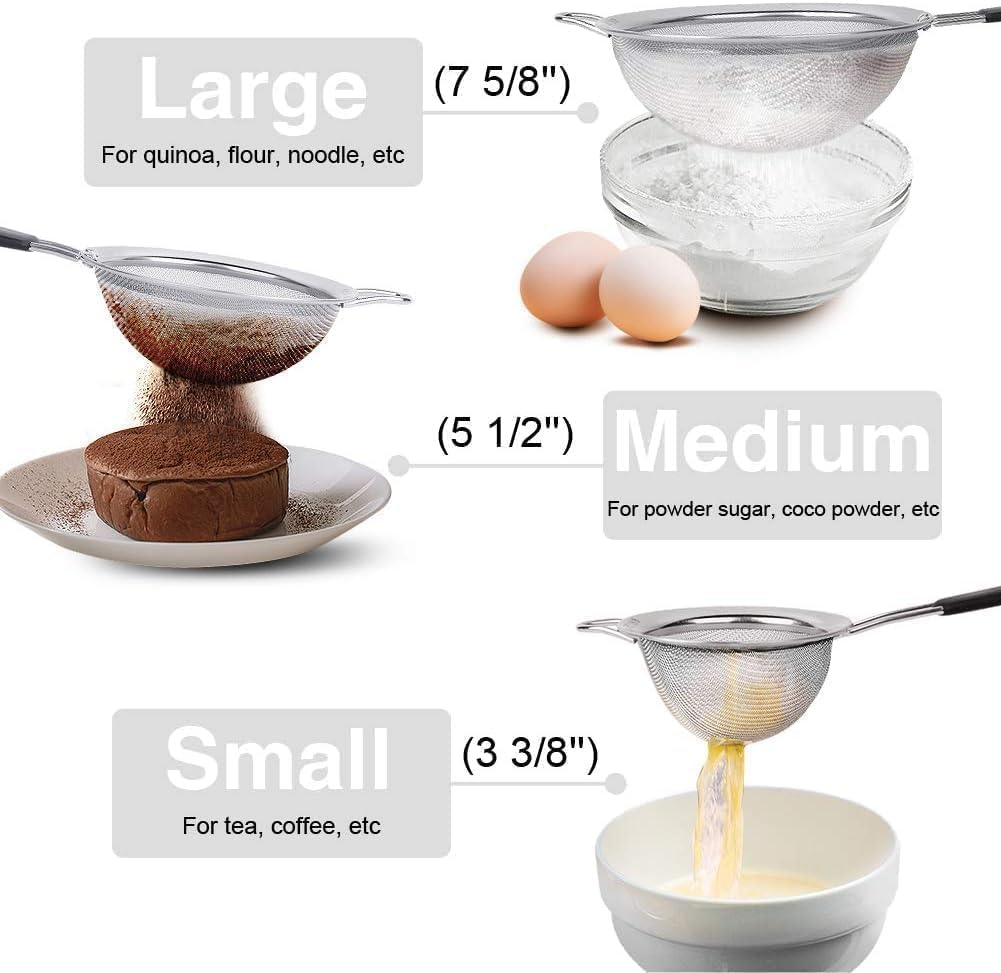 3 Pack Stainless Steel Extra Fine Double Mesh Strainers, Large, Medium & Small Sifters with Comfortable & Non Slip Handles, Ideal for Pasta, Rice, Tea, Spaghetti, Quinoa, Baking