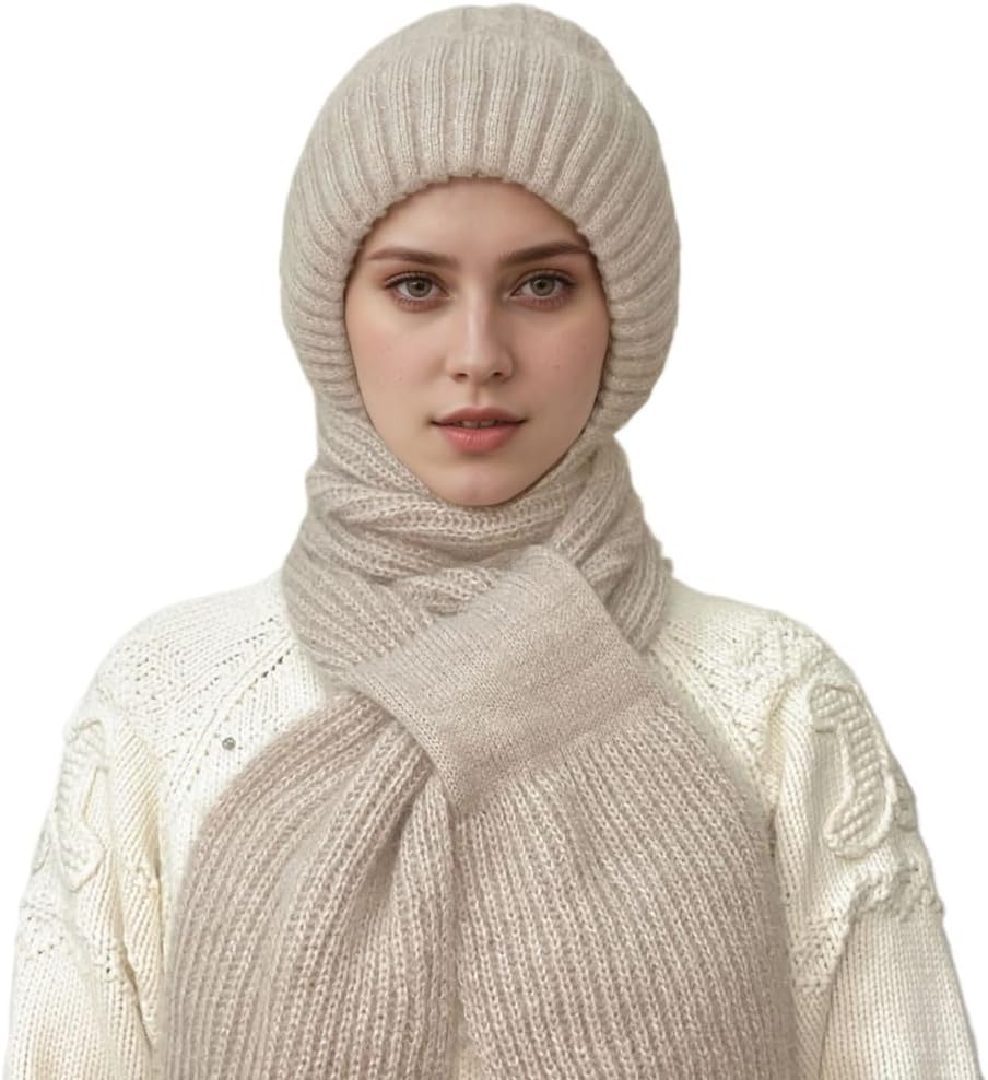 Women Winter Beanie Hats Scarf One-Piece Fleece Lined Warm Knit Ear Protection Integrated Hooded Scarf Cap - Blue image number 4