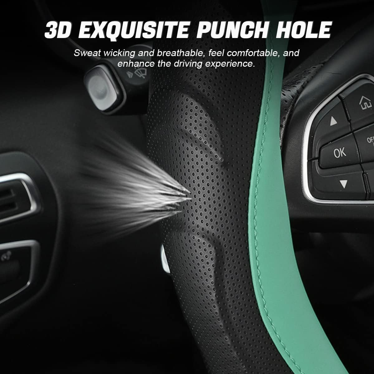 Leather Steering Wheel Cover, Auto Car Stretch Steering Wheel Protector, Universal 15 Inch Anti-Slip Breathable Odorless Steering Wheel Cover for Men Women (Black/Blue) - Black/Blue image number 3