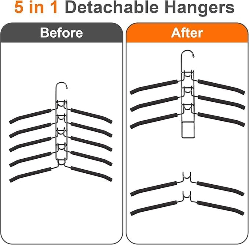Clothes Hangers,2 Pack 5 in 1 Hangers Space Saving, Heavy Duty Non-Slip Hangers with Padded Foam, Closet Organizer for Shirt,Pant,Coat,Suit (Black) (Black 2 Pack)