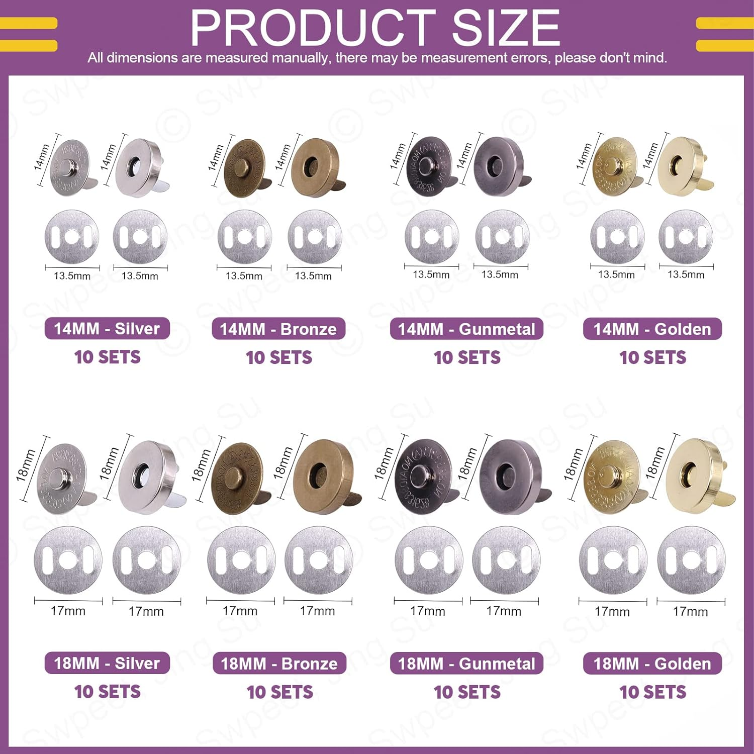 Swpeet 80 Sets Magnetic Button Clasps Snaps, 14/18MM Metal Fastener Clasps Gold Silver Bronze Black DIY Craft Sewing Knitting Buttons Sets for Sewing, Purses, Bags, Clothes, Leather,Silver Color image number 5