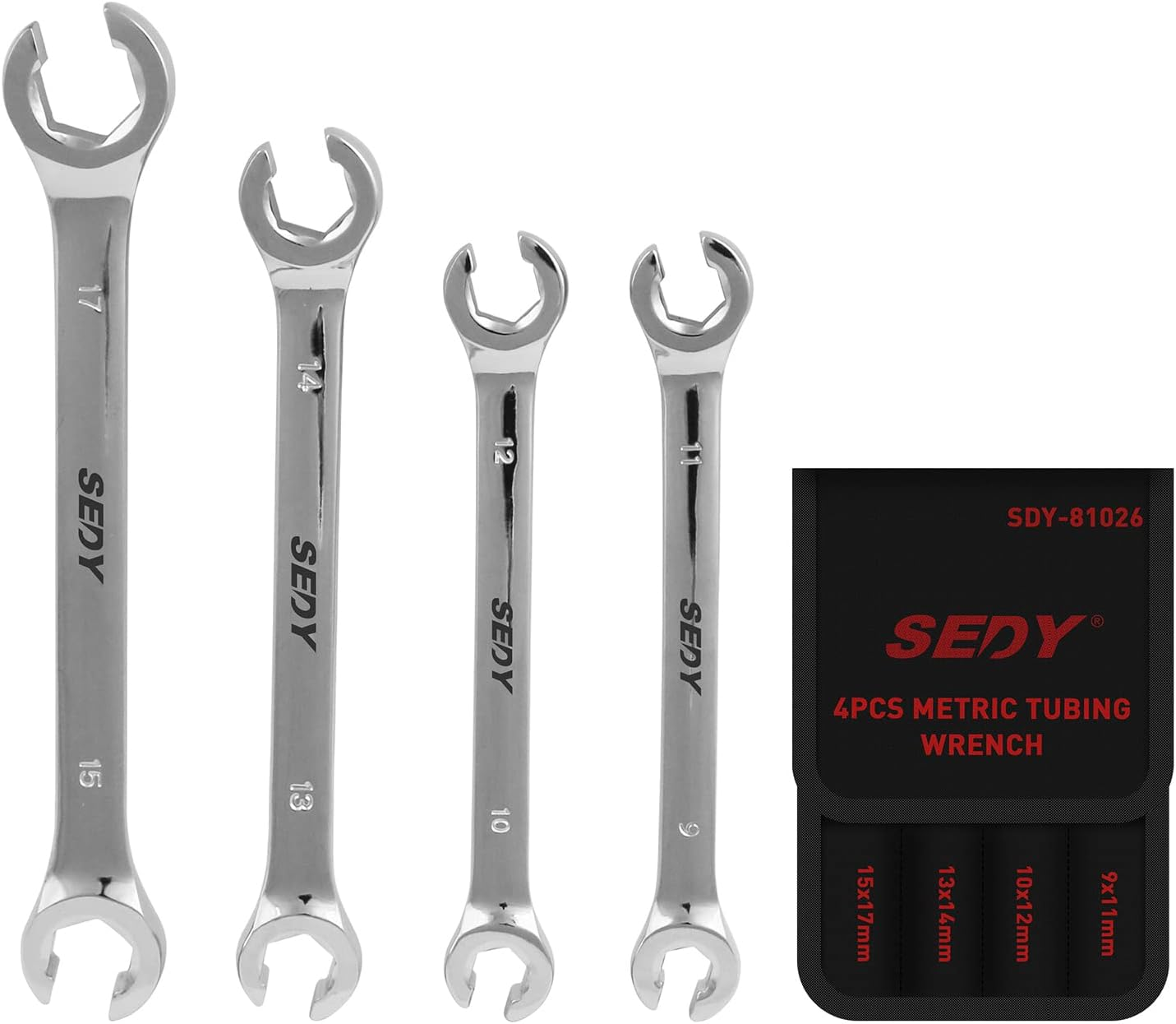 SEDY 4-Piece Flare Nut Spanner Set - Metric Wrench Spanner Chrome Vanadium Steel, 6-Point Design, Ergonomic Offset Heads, Portable Organizer Pouch Included (Metric) image number 6