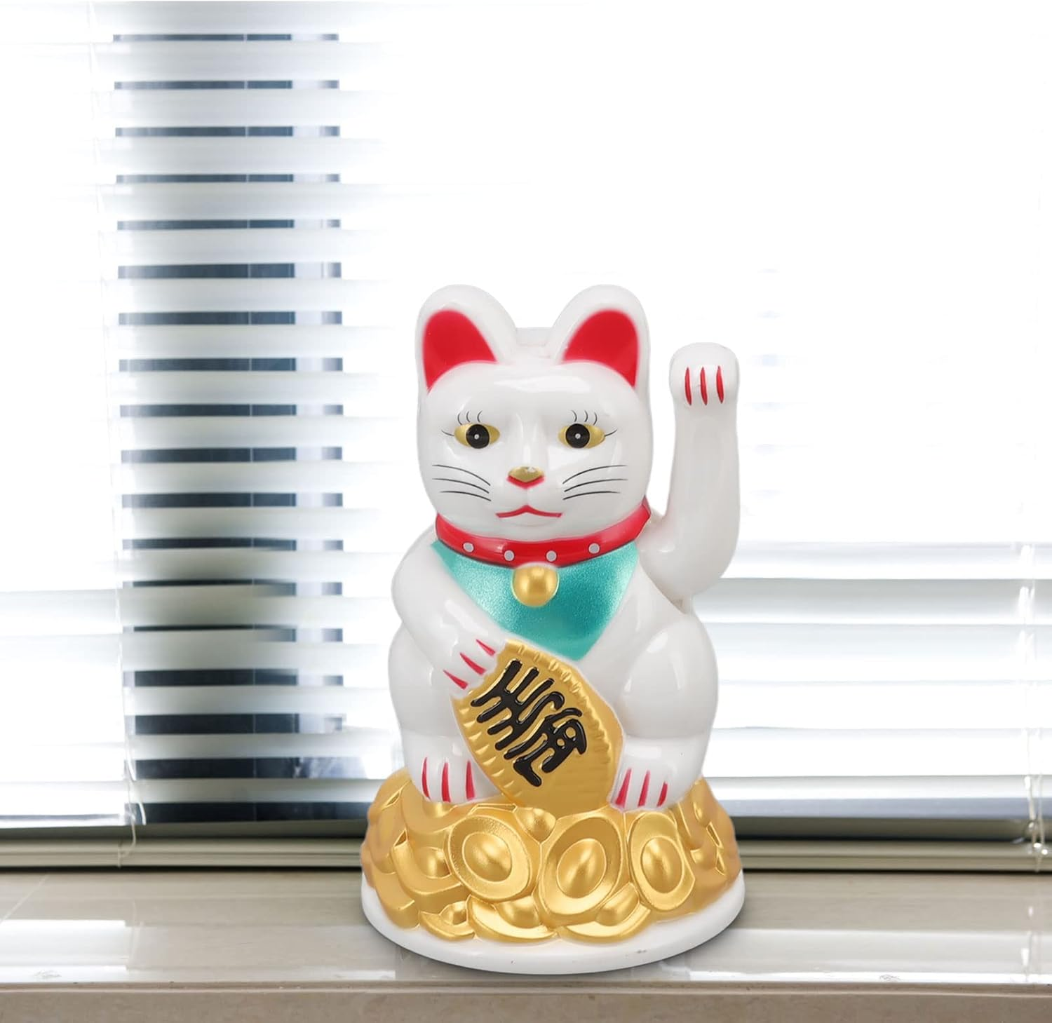 Jiawu Lucky Fortune Cat, Maneki Neko, Feng Shui Lucky Cat Ornament, Battery Operated Gold Fortune Cat Hand Waving Wealth Welcoming Cat Sculpture for Home Decoration Gift Giving (4.5In White) image number 5