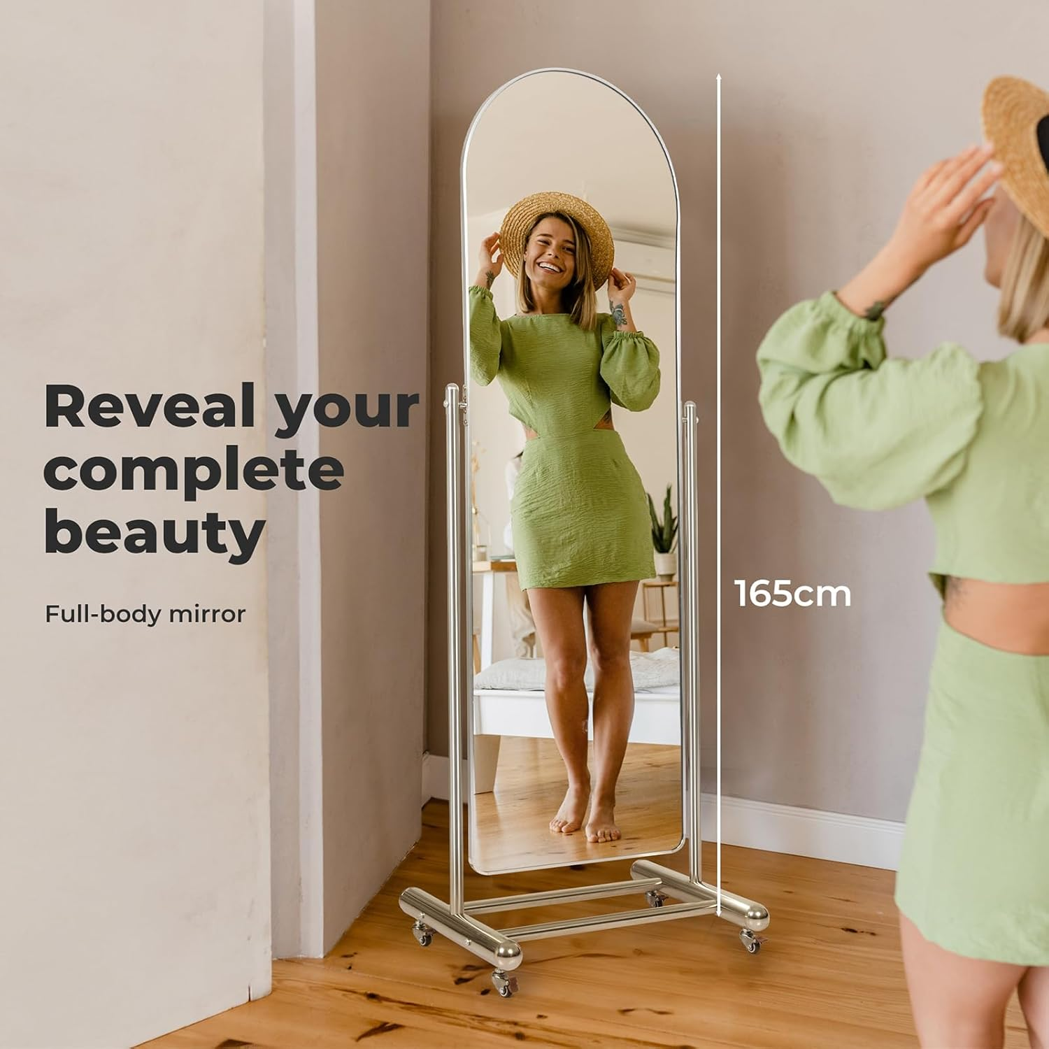 Yezi 165X46Cm Full Length Arched Floor Mirror with Rolling Stand, Freestanding Full Body Dressing Mirror, Modern Metal Frame, Mobile Design with Lockable Wheels for Bedroom or Living Room Cloakroom image number 2