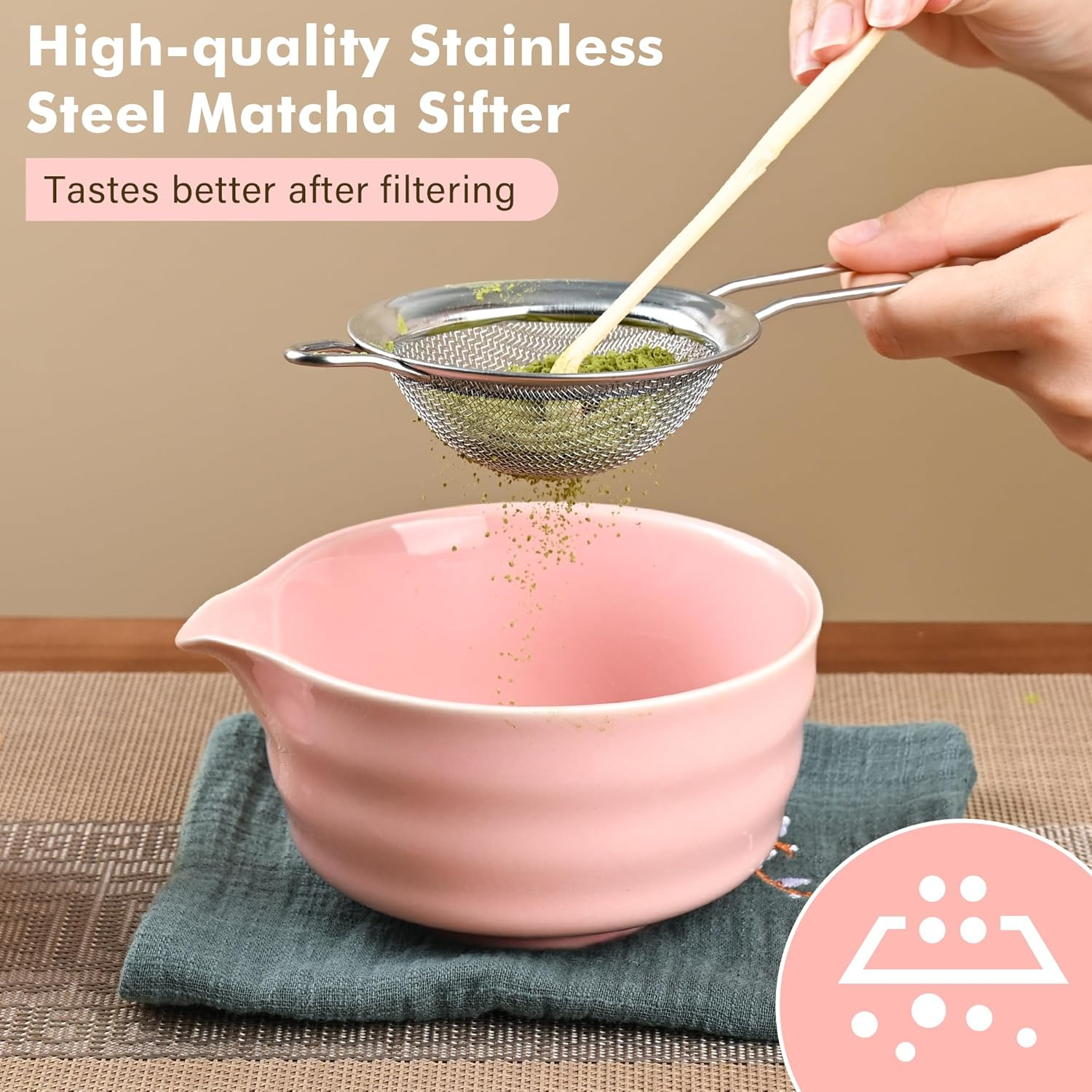 Matcha Whisk Set, Japanese Tea Set Includes Matcha Bowl, Matcha Whisk and Stand, Bamboo Spoon, Spoon Stand, Tea Towel and Stainless Steel Sieve - 17Oz Ceramic Matcha Set (Pink) image number 3