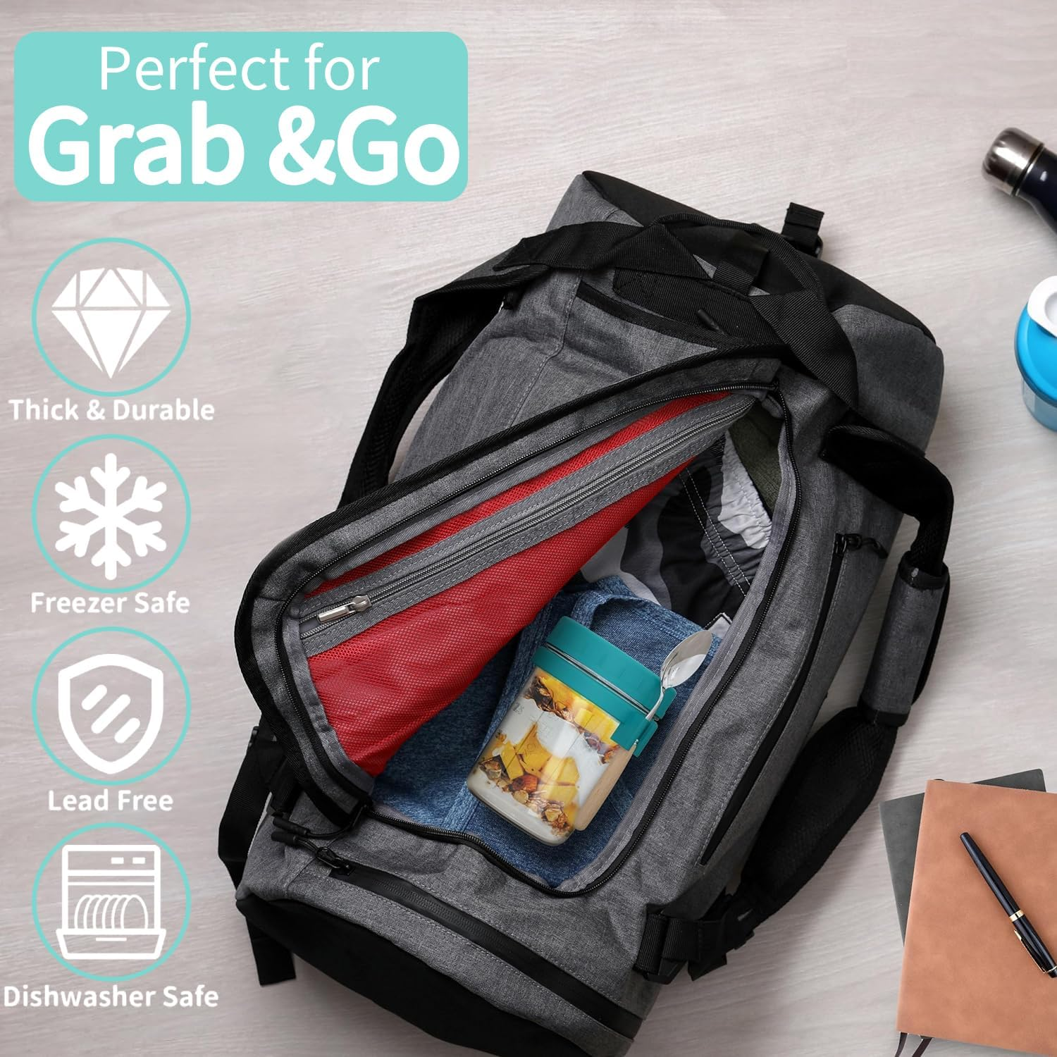 Overnight Oats Container Jars, 12 Oz Glass Airtight Yogurt Oatmeal Jars Set of 6, Overnight Oats Containers with Lids and Spoons, Large Capacity Portable Breakfast Jars Set with Measurement Marks image number 2