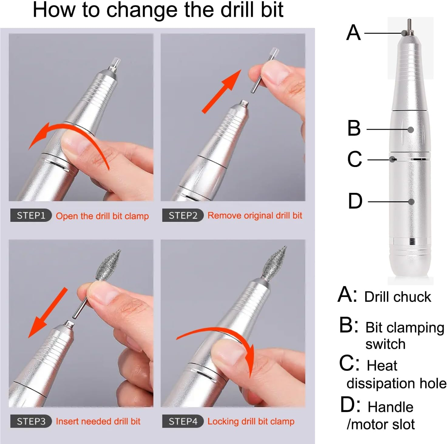 UPAUS Cordless Nail Drill Professional, 45000 RPM Rechargeable Electric Nail File Kit with Smart LCD Screen, Portable Low Noise for Acrylic, Gel Nails, Manicure, Pedicure, for Salon, Home Use (White) image number 6