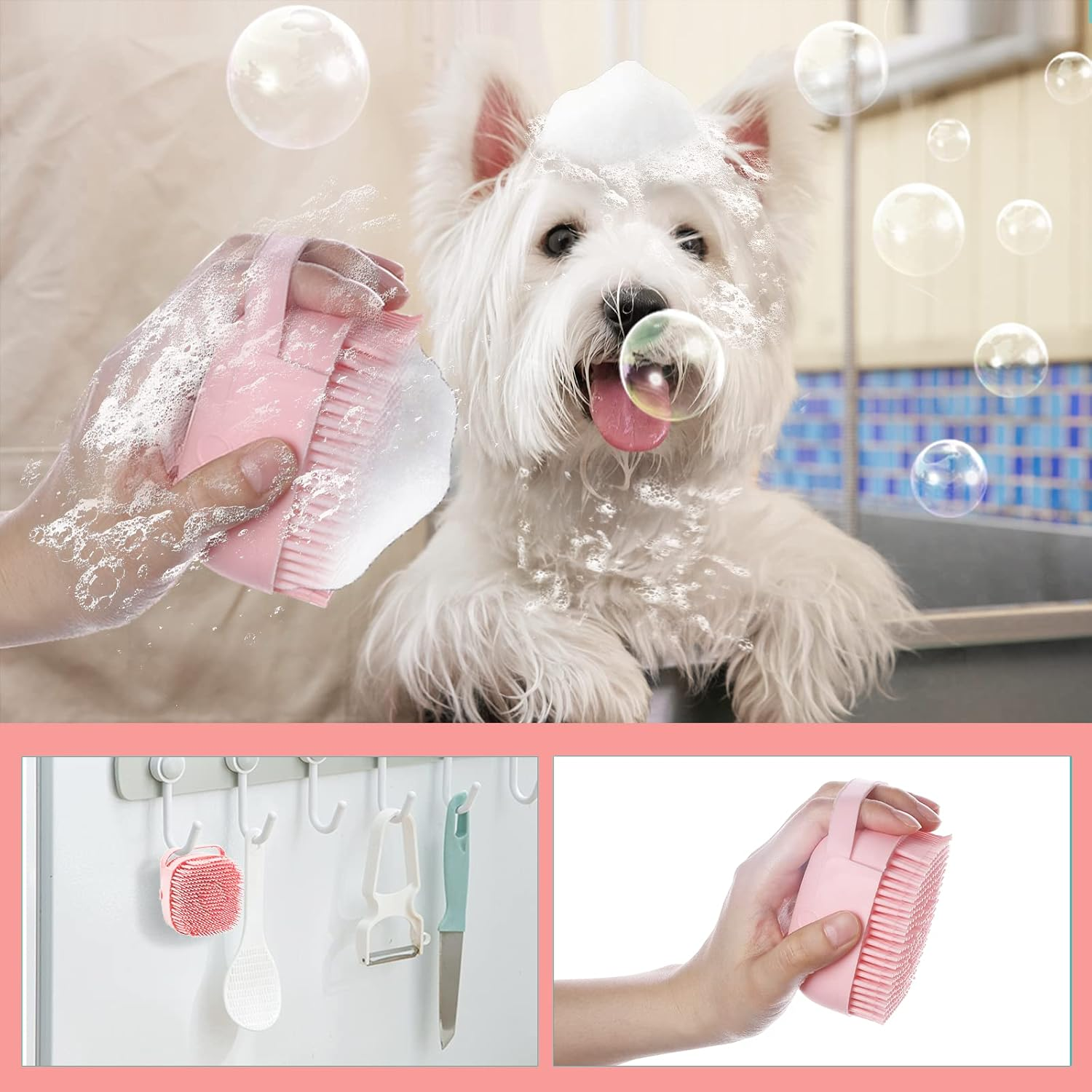 Dog Cat Bath Brush, with Soap and Shampoo Dispenser Dog Grooming Brush Massage Brush Soft Silicone Rubber Bristle for Short Haired Dogs Cats Shower (Pink) image number 6