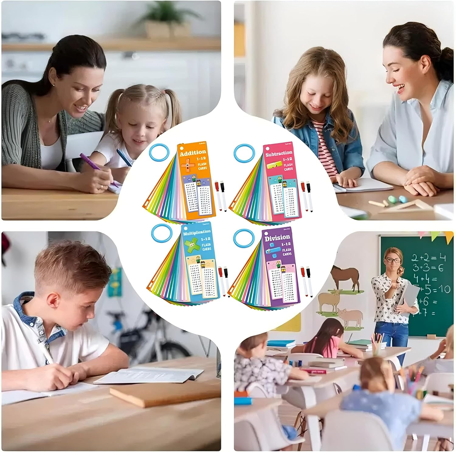 60Pcs Multiplication Division Addition & Subtraction Flash Cards, Math Flash Card Set with 8 Dry-Erase Pens, 4 Rings | Times Table Flash Cards for 1St - 3Rd Grades | Fun Learning with Math Games