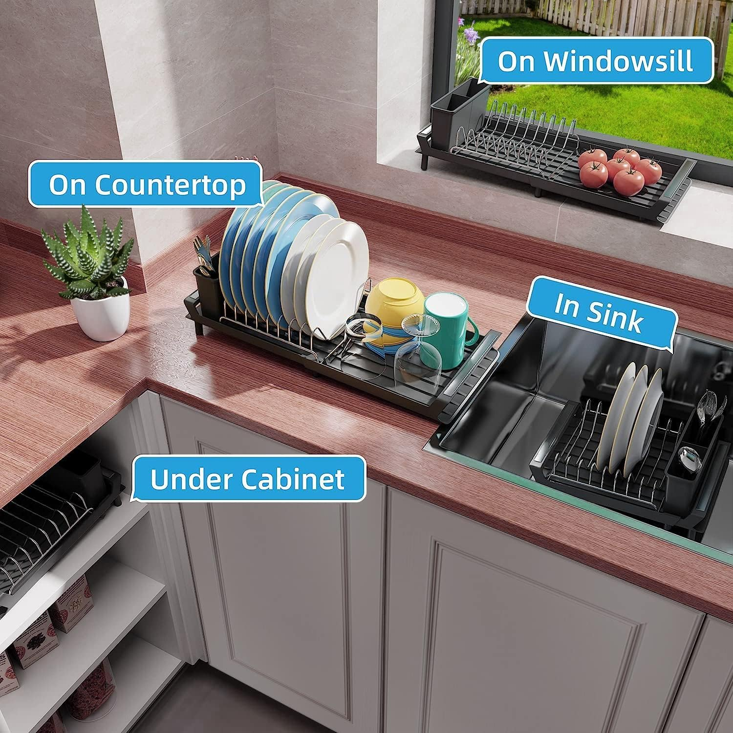 Bytebliss Dish Drying Rack, Expandable Dish Rack for Kitchen Counter with Utensil Holder, Stainless Steel Small Dish Drainer Organizer with Drainboard for Kitchen in Sink image number 5