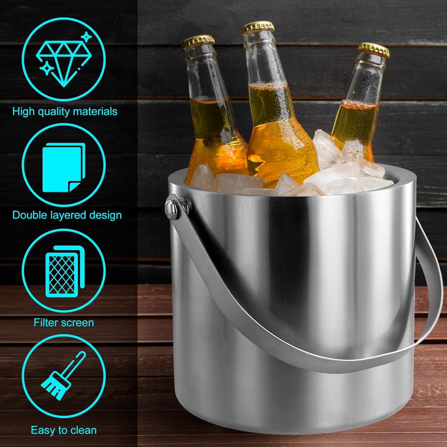 Ice Cube Bucket,Stainless Steel Ice Bucket,Bar Accessories Ice Bucket,Double Walled Stainless Steel Ice Bucket,Good Sealing Insulated Ice Bucket for Cocktail Bar Parties (2.0L) image number 2