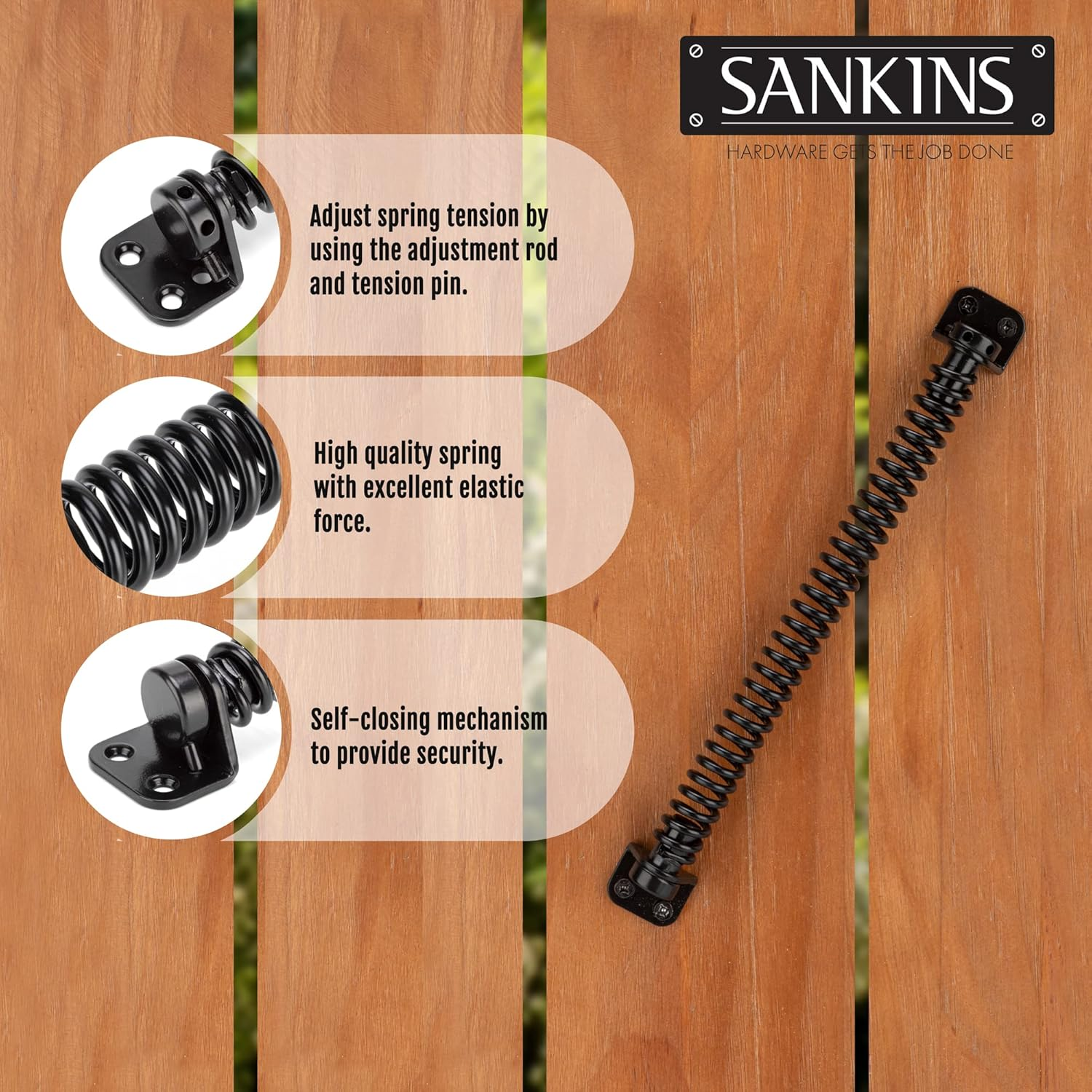SANKINS 11-1/2" Gate Spring Self Closing Heavy Duty Outdoor Door Spring Automatic Metal Gate Closure Hardware with Adjustable Tool for Wooden and Vinyl Fence, Black image number 5