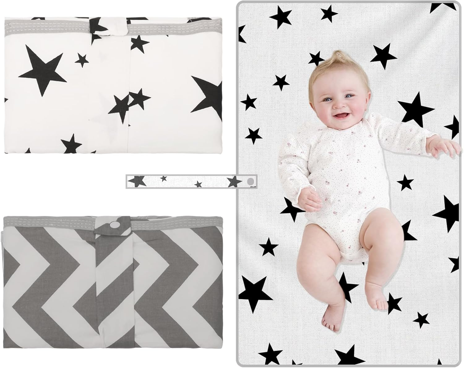 Viiotu Baby Diaper Changing Pads (2 Pack),Large Soft Cotton Foldable Waterproof Changing Pad Mat,Cartoon Travel Reusable Change Mat for Toddler Infants Newborn Boys Girls (2, Black Star,Gray Waves)