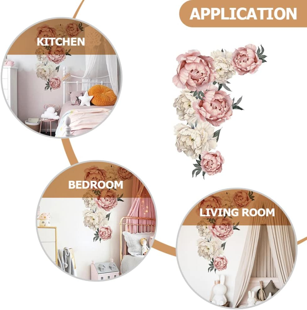Toyvian Peony Flowers Wall Decal, Removable Peel and Stick Floral Wall Decal Sticker, Large Size Peony Rose Wall Sticker for Kids Nursery Living Room Bedroom Wallpaper Murals, Pink image number 2