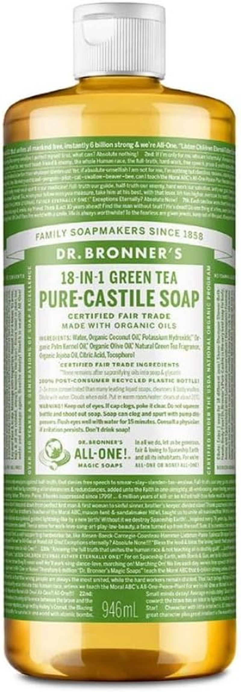 Dr. Bronner'S - Pure-Castile Liquid Soap - 18-IN-1 Multi-Purpose Soap for Humans, Homes & Pets - Green Tea - 946 Ml