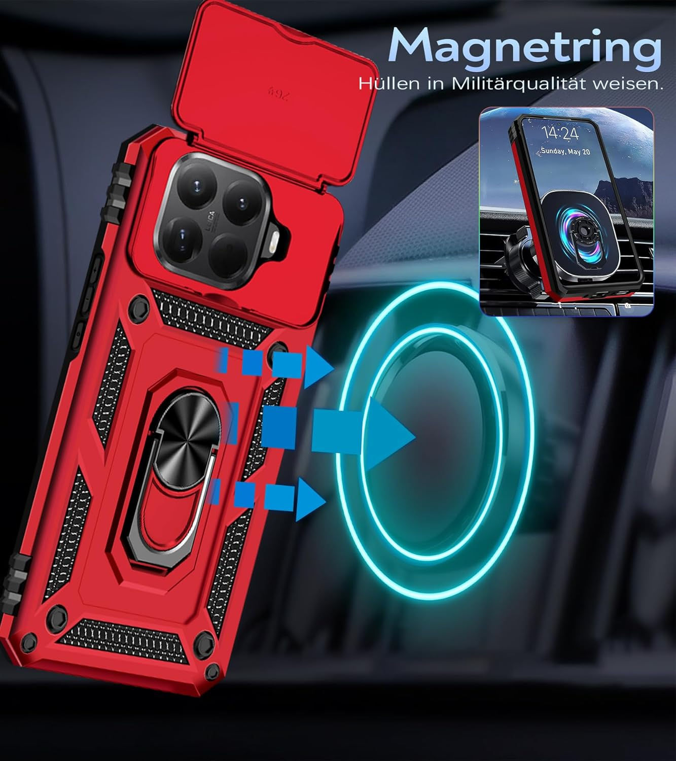 Camera Protection Mobile Phone Case for Xiaomi 15T Pro 5G Case with Xiaomi 15T Pro Screen Protector, 360&deg; Magnetic Metal Ring Holder Stand Mobile Phone Case PC & TPU Military Kickstand Shockproof image number 3