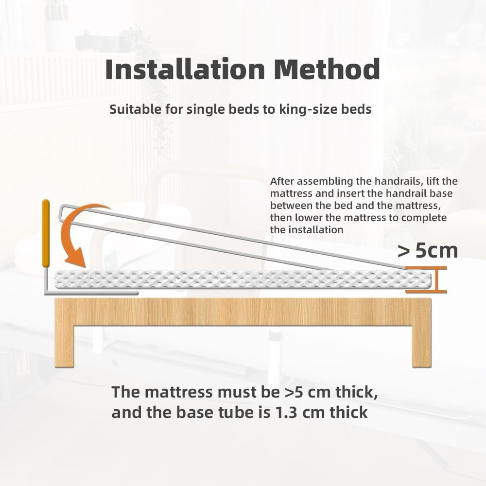 Elderly Bed Armrest with Storage Bag, Dual Armrests, Adjustable Height for Easy Access to and from Beds, Suitable for Various Types of Beds, Capable of Supporting a Weight of 350 Pounds - Orange image number 3