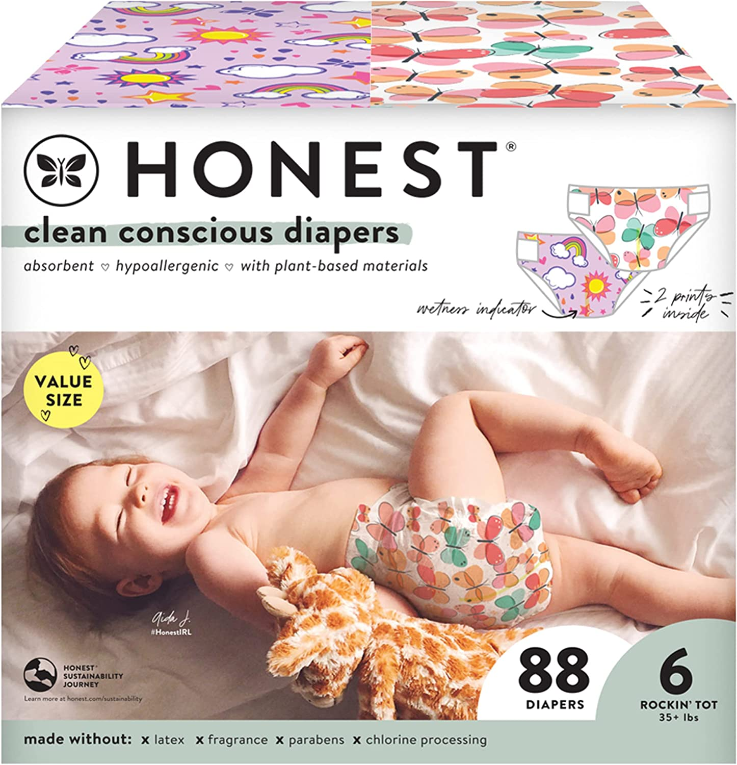 The Honest Company Super Club Box Diapers with Trueabsorb Technology, Painted Feathers & Bunnies, Size 6, 88 Count image number 3