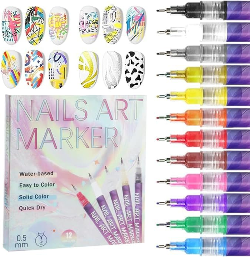 Nail Polish Pens, Tempered Top Coat Sets, Graffiti and Diamond-Dotting Pens, Acrylic Paint Pens, Dotting and Line-Drawing Pens. 12-Color Nail Art Pen Set for Nail Design (Nail Art Pen + Top Coat - 2Pcs) image number 3