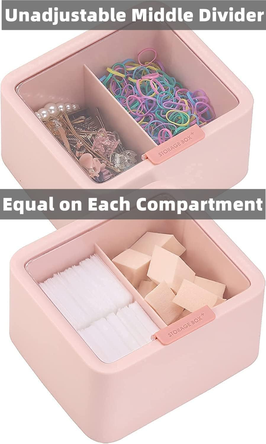 2 Compartments Rectangle Plastic Bathroom Vanity Countertop Storage Organizer Canister Apothecary Jar Qtip Holder with Lid for Cotton Swabs, Balls, Makeup Sponges, Pink image number 2