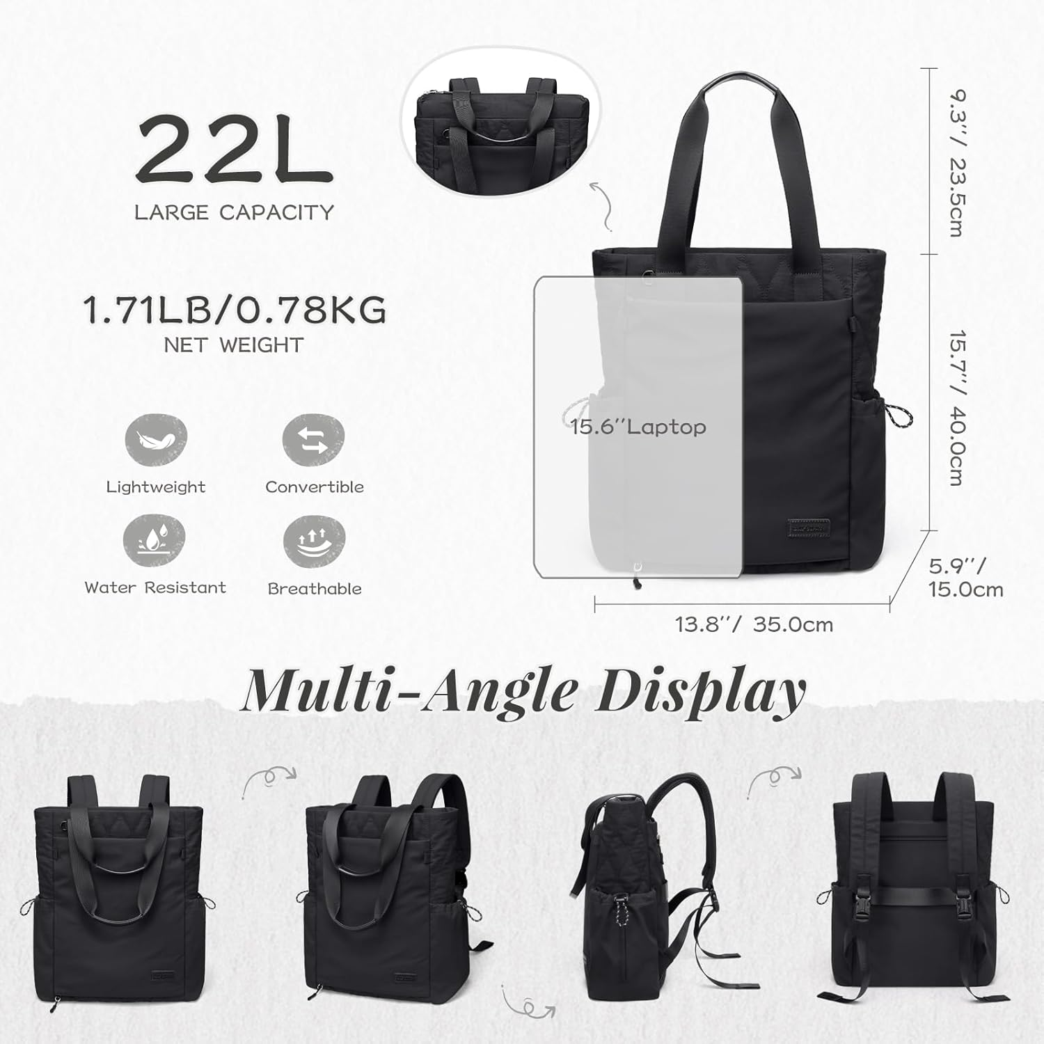 GOLF SUPAGS Convertible Laptop Backpack Yoga Bag Quilted Tote Bag Yoga Mat Carrier Bag for Travel Fitness Office and Shopping