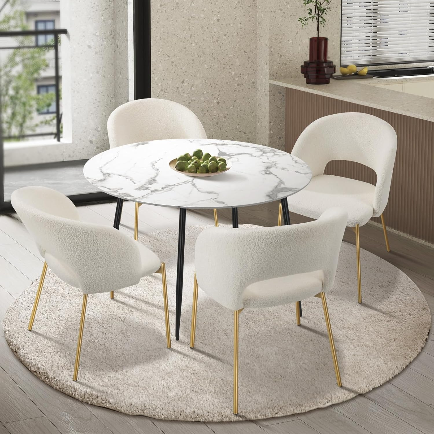 Oikiture 110Cm round Dining Table and Chairs White Dining Set with Marble Table and Sherpa Dining Chairs Set of 4