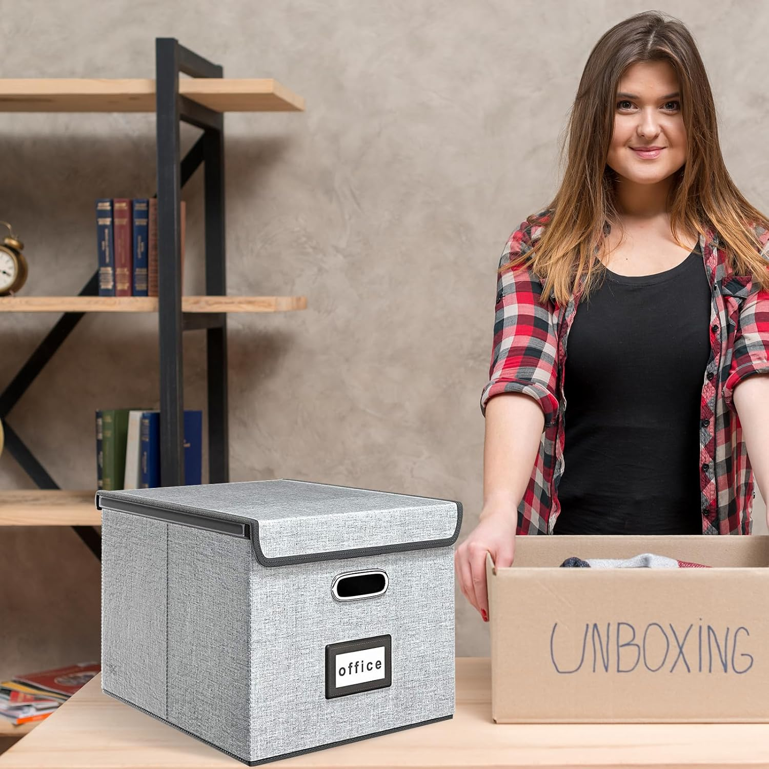 Upgrade Portable Document Organizer Box, Large Linen Hanging Office Document Storage Box with Lid-Grey, Office/Decorative/Home Foldable Document & Box 14.9 X 12.7 10.8 Inches image number 1