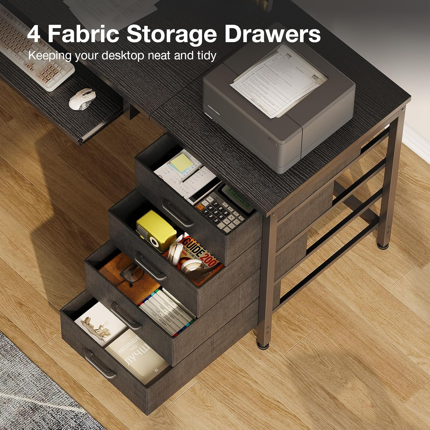 ODK 59Inch Reversible Computer Desk with Drawers,Corner Office Desk with LED Lights & Power Outlets, L Shaped Desk with Shelf & Extendable Keyboard Tray, Study PC Gaming, 149.5 * 100 * 149.5Cm, Black image number 3