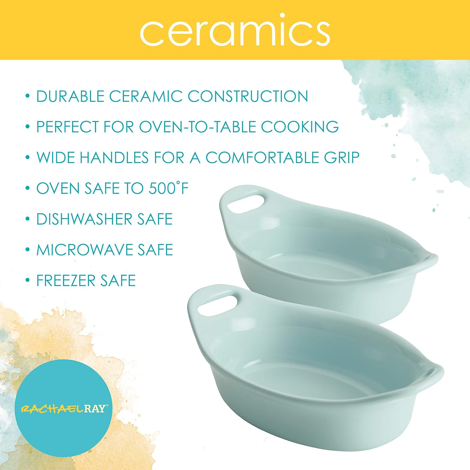 Rachael Ray Solid Glaze Ceramics Au Gratin Bakeware/Baker Set, Oval - 2 Piece, Light Blue - Teal image number 3