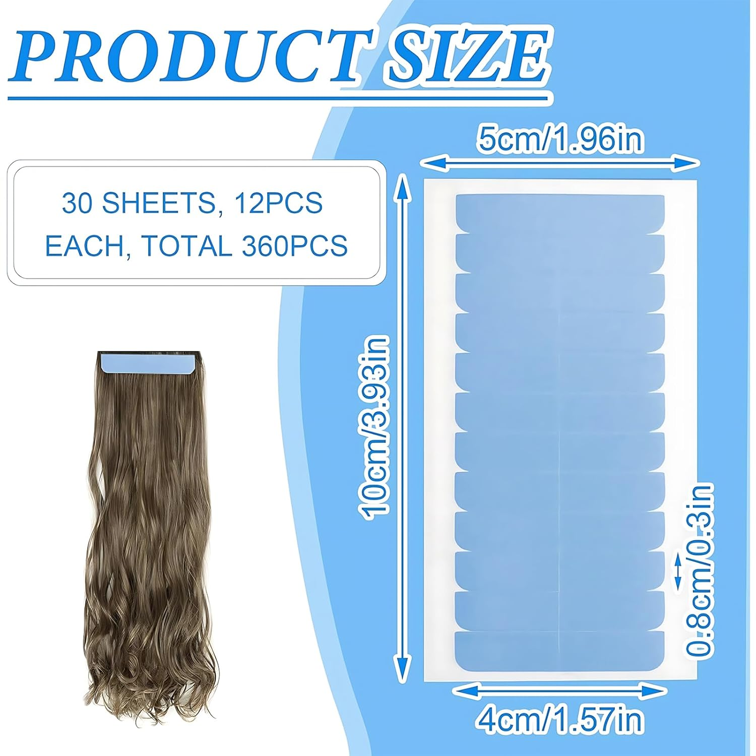 Kzvsiy 10 Sheets/120 Pieces Hair Extension Tape Tabs, Double-Sided Adhesive Replacement Tape for Human Hair Extensions and Wigs, High-Adhesion Transparent Tape for Hair Wefts and Beauty Tools (Blue)