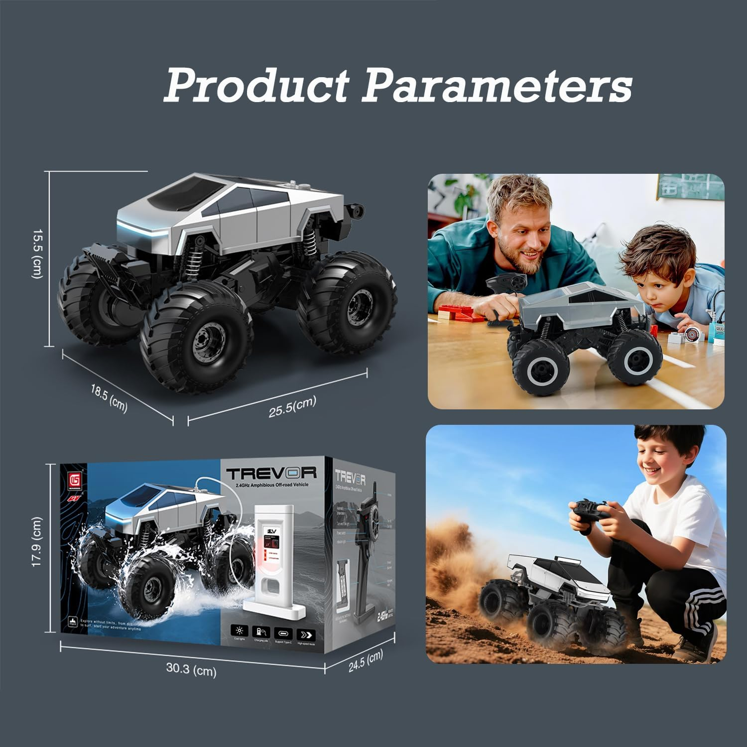 Amphibious Remote Control Car, 1:18 Monster Truck Toys for Boys RC Cars, 2.4 Ghz Waterproof Cyber RC Trucks, 4WD All Terrain Off-Road Pickup, Kids Christmas Birthday Gifts Present Boy Girl Toys Age 8+ image number 3