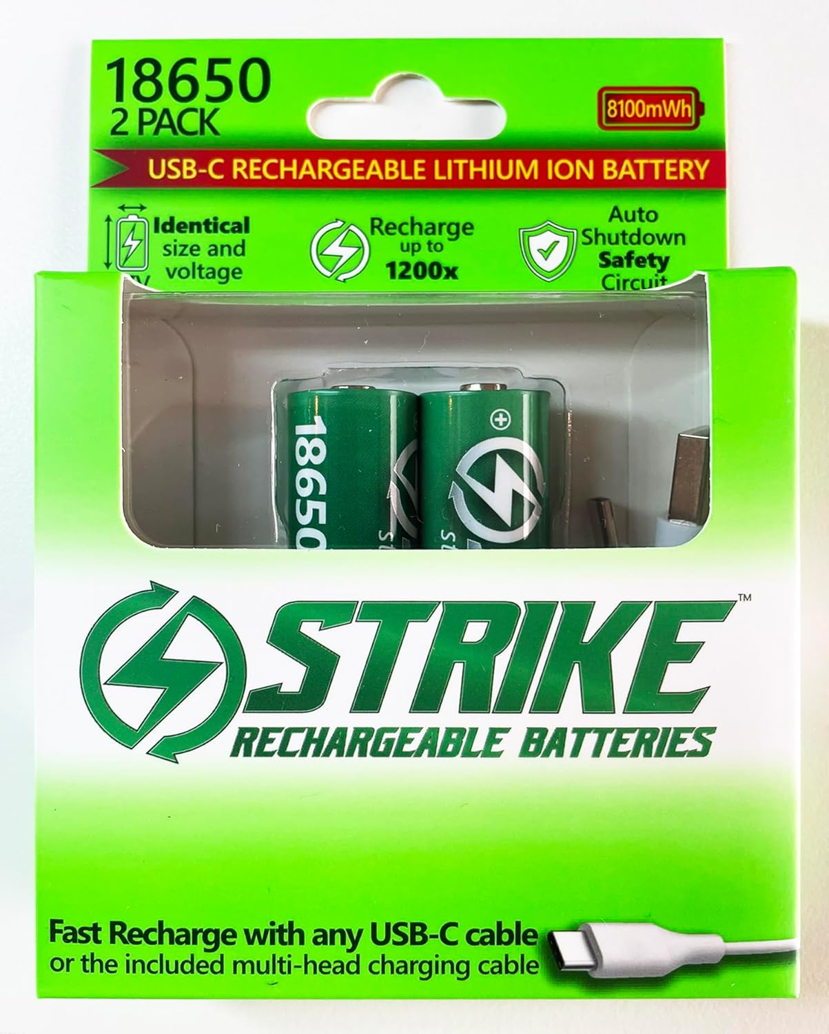 18650 Battery Lithium Ion 2 Pack BMS Protected Smart LED 3.7V 8100Mwh USB-C Rechargeable with Charging Cable, No Charging Box Needed! image number 3