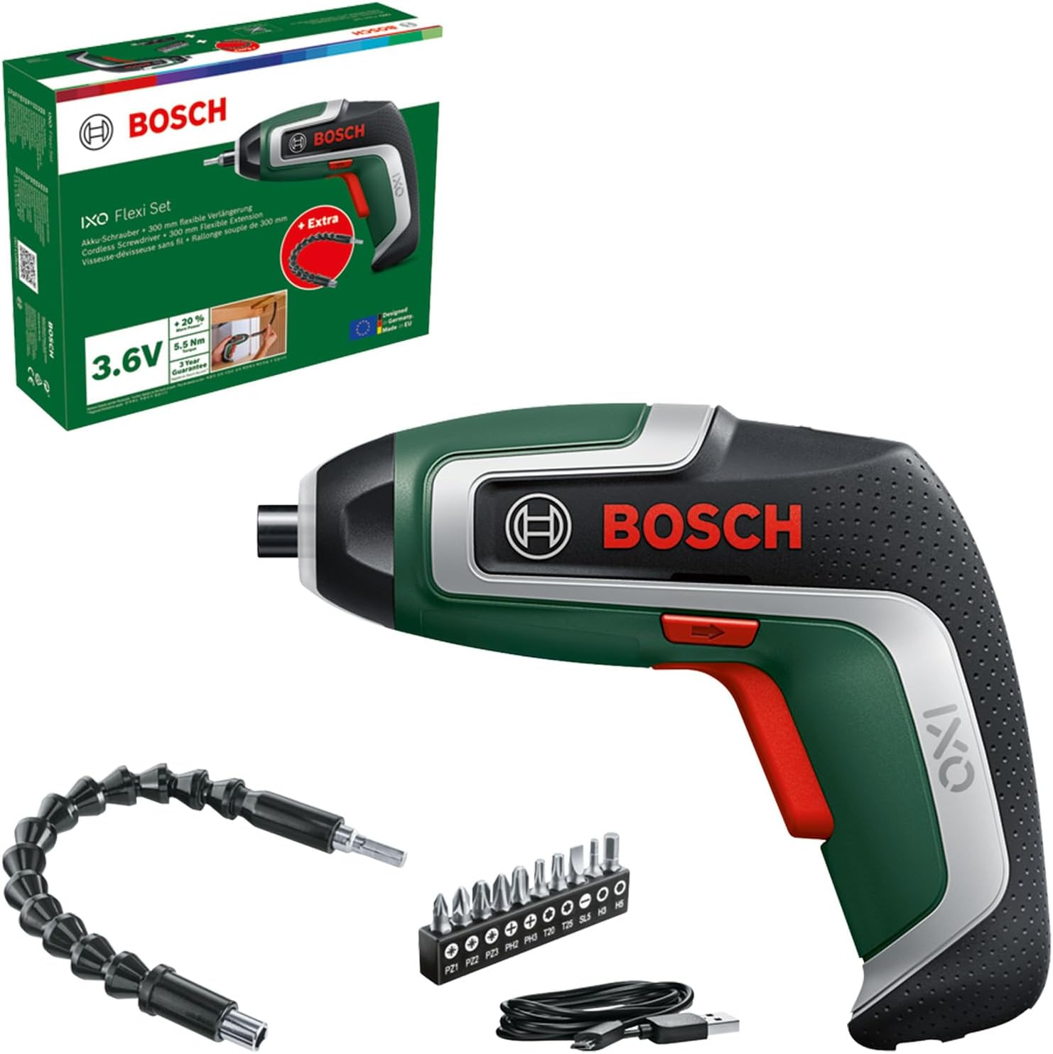 Bosch Compact Cordless Screwdriver IXO Flexi Kit 7Th Generation 3.6V 2.0Ah Flexible Extension Micro USB Cable Bend 180&deg; 10 X Bit