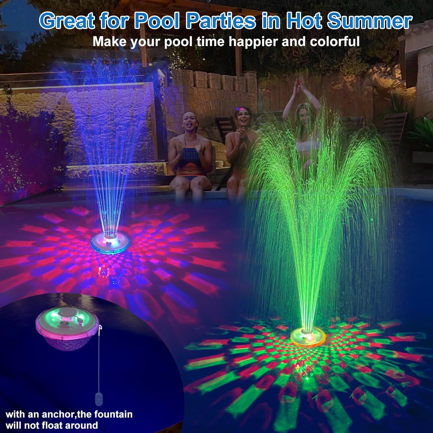 Floating Pool Fountain with Underwater Light Show,Pool Water Fountains Pool Fountains with Anchor,2 Spray Modes Swimming Pool Fountain Pump,Pool Fountain for Inground above Ground Pools-1Pc