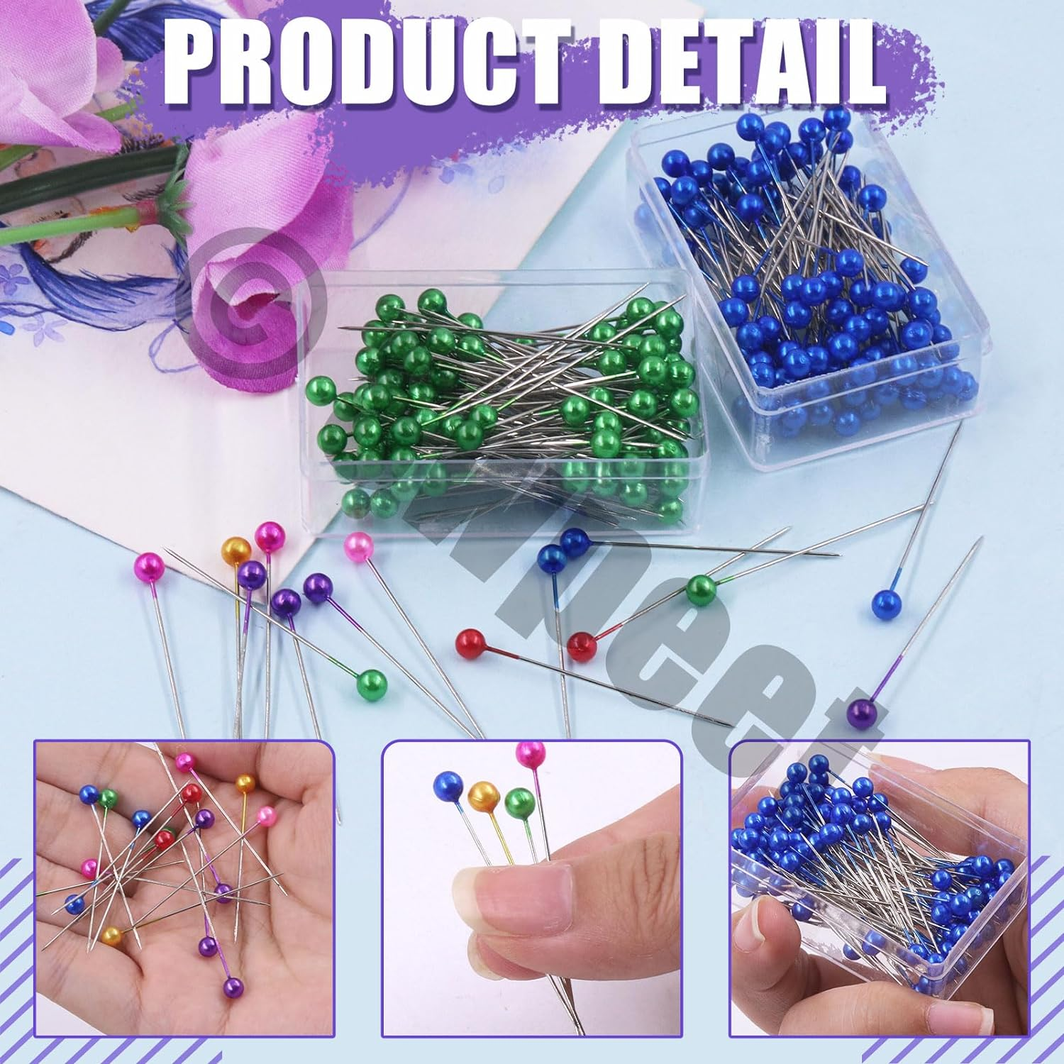 Swpeet 1200Pcs Sewing Pins Multicolor Head Pins Assortment Kit, Straight Quilting Pins Pearlized Ball Head Quilting Pins, Pearl Head Pins for Crafting Dressmaker DIY Craft Fabric Sewing Decorations image number 1