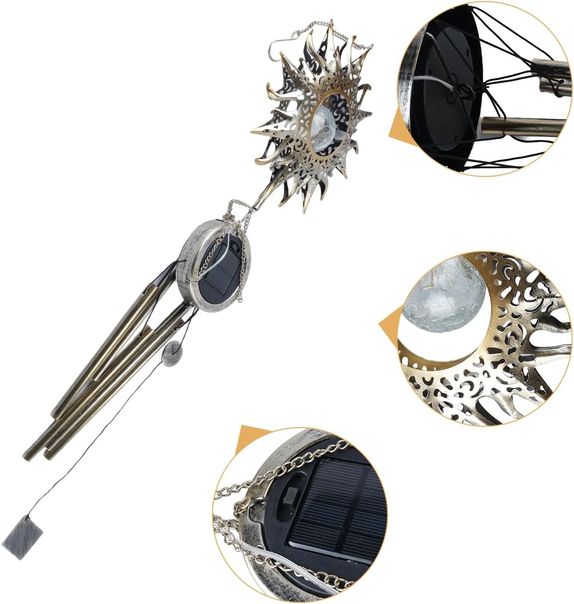 Ausi Sun Moon Solar Wind Spinner Light - Outdoor Garden Night Wind Bell Waterproof Chime Ambient Light Lamp - Lamp for Patio, Deck, Lawn, Yard, Patio, Deck, Garden (Sun) image number 3